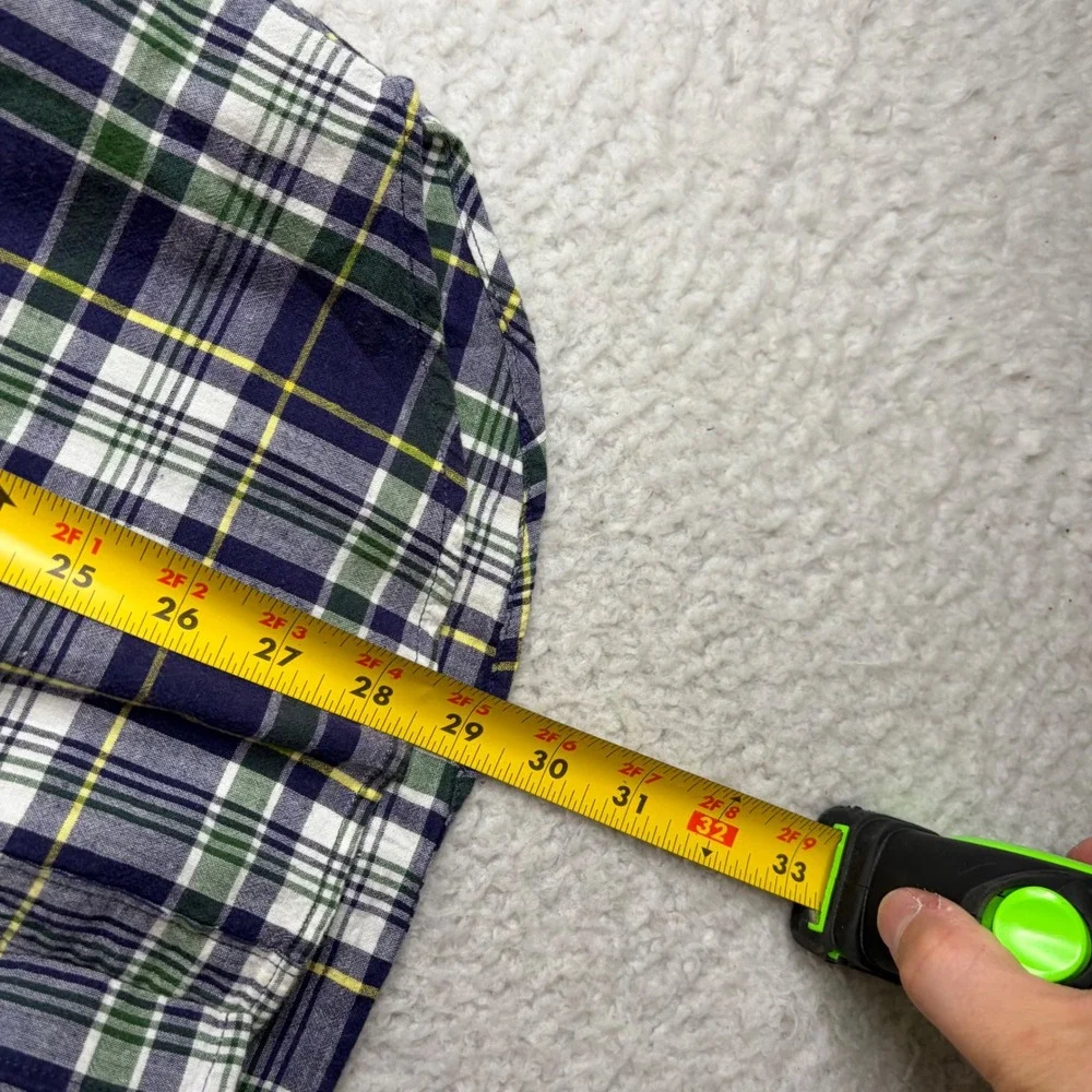 J. Crew Indian Madras Shirt Mens Small Slim Fit Plaid Button Down Navy Green